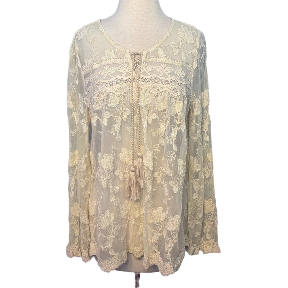 Sundance Long Sleeve Semi Sheer Lace Tassels Top Blouse Cream M
